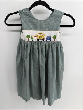 Mom & Me gingham plaid smocked school bus embroidered sleeveless tank dress sz 5